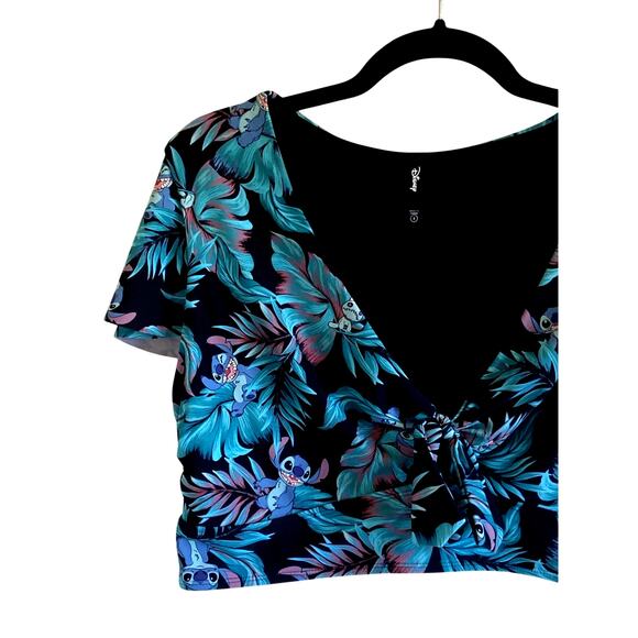 Disney Vneck Knot Cutout Stitch Hawaiian Tropical Palm Crop Top Swim Shirt 2 - Picture 2 of 8